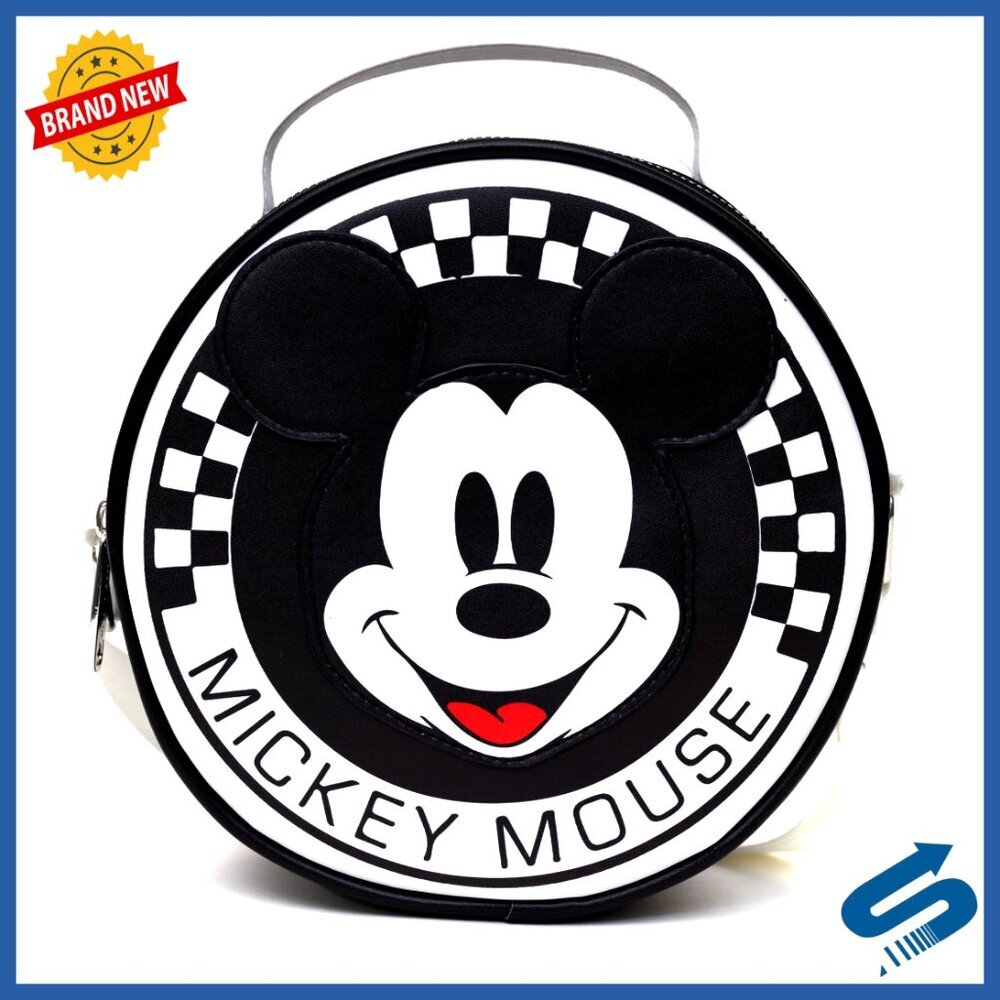 Round Crossbody Bag with Mickey Mouse Applique, Vegan Leather, Adjustable Strap